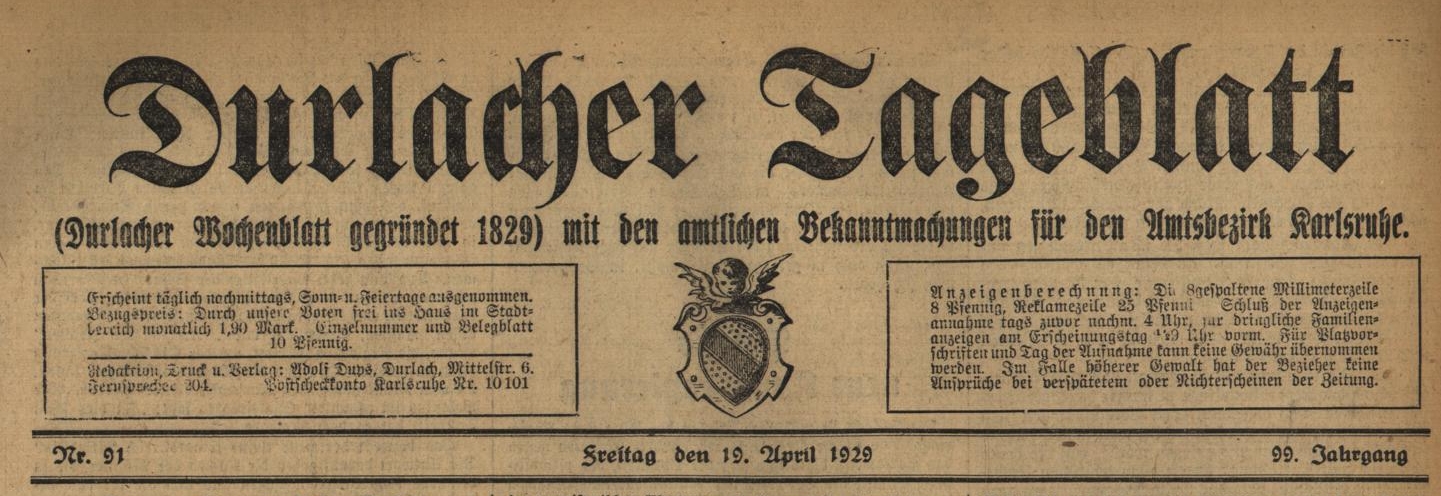Das Durlacher Tagblatt berichtet am 19. April 1929: Das Schulwandbild in Palmbach Das Durlacher Tagblatt berichtet am 19. April 1929: Das Schulwandbild in Palmbach