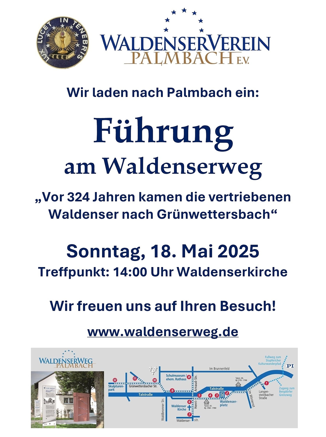  Einladung zur Führung am Waldenserweg am 18.05.2025. Wie die Waldenser vor 324 Jahren nach Grünwettersbach kamen.